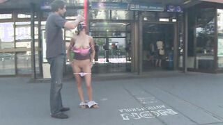 Being tied and paraded nude in public makes the brunette crave deepthroating