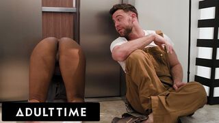 Thick Ebony gets stuck in the elevator and drilled by the repairman