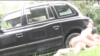 The busty brunette flashes her big racks to seduce a cab driver