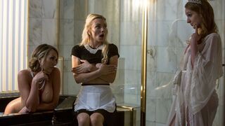 Sexy maid joins blonde beauties in a lesbian threesome