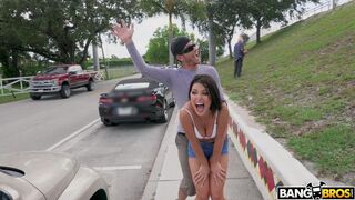 Brunette nympho gets stripped and fucked in public