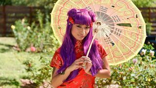 Little purple-haired teen bounces on a huge throbbing dick