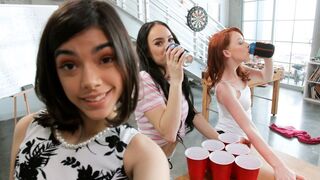 Three vixens sharing a dick in group sex action