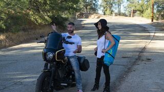 Sexy brunette gets picked up and fucked by horny biker