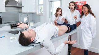 Sexy girlfriends strip and fuck a lucky dude