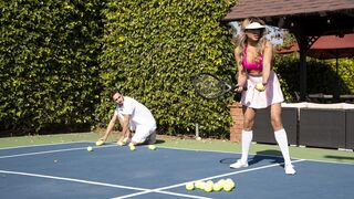 Sexy female tennis player gets banged after practice outdoors