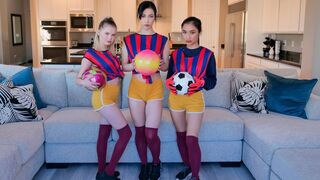 Soccer girls eat each other's pussies and share a dick in a 4some