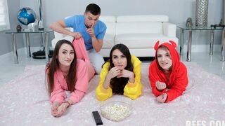 Hotties in cute pajamas get stripped and fucked in a foursome