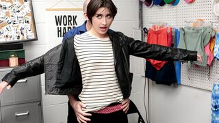 Short-haired shoplifter gets stripped and boned by a security