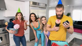 Busty teens sharing a birthday boy's dick in group sex action