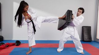 Kira Noir foot fucks her Tai Kwon Do sensei receiving a facial