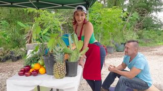 Beautiful Roxie Sinner is fucked in front of her customers at the fruit market