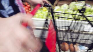 Blonde Bailey Brooke covered in food gets pounded on the kitchen counter